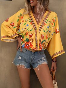SHEIN VCAY Floral Print Batwing Sleeve Blouse - Yellow - View 3