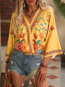 SHEIN VCAY Floral Print Batwing Sleeve Blouse - Yellow - View 7