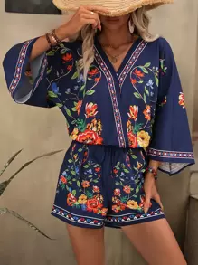 Breezaya 印花喇叭袖襯衫和短褲 - 藏蓝色 - 查看 4