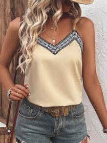 SHEIN VCAY Contrast Tape Cami Top Graphic Tees Women Tops - Khaki - View 1