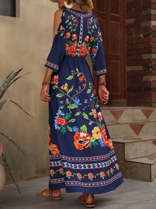 SHEIN VCAY Floral Print Cold Shoulder Split Thigh Dress - Navy Blue - View 2