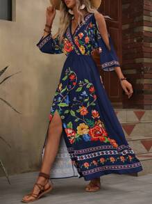 SHEIN VCAY Floral Print Cold Shoulder Split Thigh Dress - Navy Blue - View 3