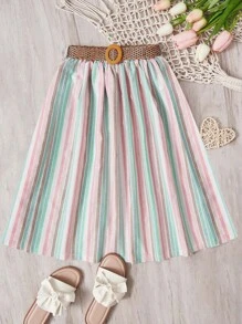 SHEIN Girls 1pc Striped Print Belted Skirt - Multicolor - View 1