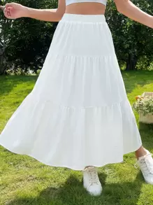 Soleia Solid Layered Hem Skirt - White - View 5