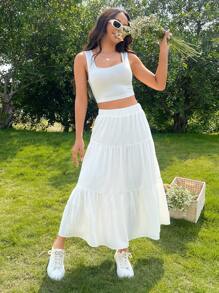 Soleia Solid Layered Hem Skirt - White - View 6