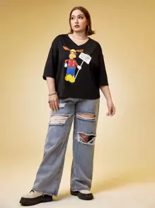 Warner Bros 100 Years X SHEIN Áo thun Plus size Hoạt hình Slogan Giải trí - màu đen - Xem 1