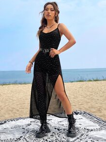 SHEIN EZwear Sequin Split Thigh Cami Dress Without Belt