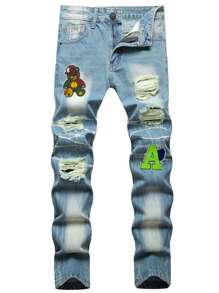 Men Cotton Bear & Letter Patched Ripped Slim Straight Jeans - Light Wash - View 1