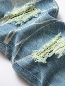 Men Cotton Bear & Letter Patched Ripped Slim Straight Jeans - Light Wash - View 5