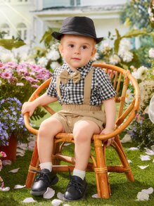 男嬰格子圖案前蝴蝶結襯衫和背帶短褲 - 彩色 - 查看 1