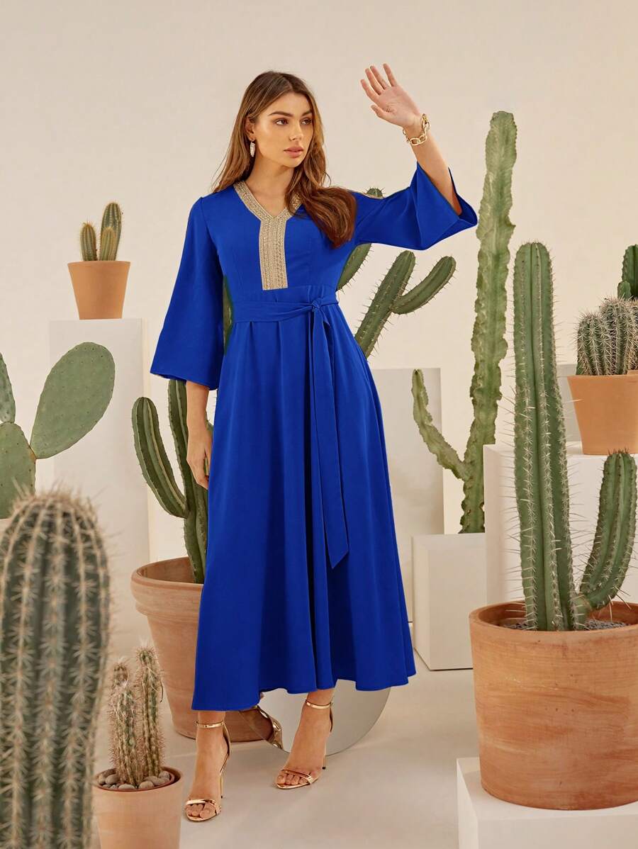 Al Najma Contrast Tape Belted Dress - Royal Blue - View 1