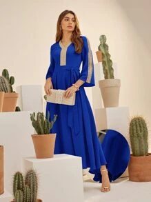 Al Najma Contrast Tape Belted Dress - Royal Blue - View 3