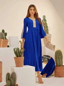 Al Najma Contrast Tape Belted Dress - Royal Blue - View 4