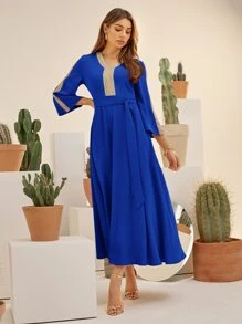 Al Najma Contrast Tape Belted Dress - Royal Blue - View 6