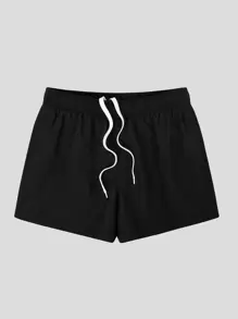 Men Drawstring Waist Swim Trunks - Black - View 1