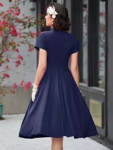 MUXXN Choker V Neck Solid Dress - Navy Blue - View 2