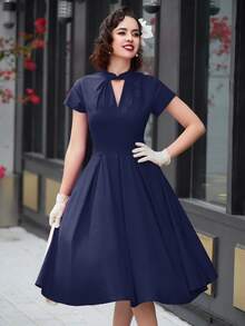 MUXXN Choker V Neck Solid Dress - Navy Blue - View 3