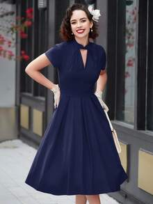 MUXXN Choker V Neck Solid Dress - Navy Blue - View 5