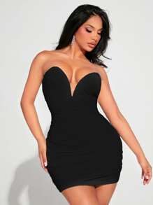 SHEIN SXY 褶邊網紗抹胸緊身洋裝