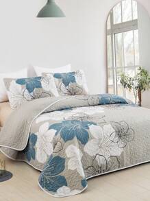 3pcs/set Flower Pattern Bedspread Set, Modern Fabric Quilted Detail Quilt Set (1pc Quilt & 2pcs Pillowcase) For Home - Multicolor - View 2