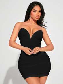 SHEIN SXY 褶邊網紗抹胸緊身洋裝