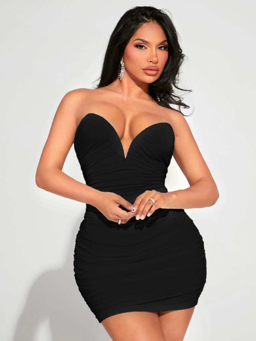 SHEIN SXY 褶邊網紗抹胸緊身洋裝