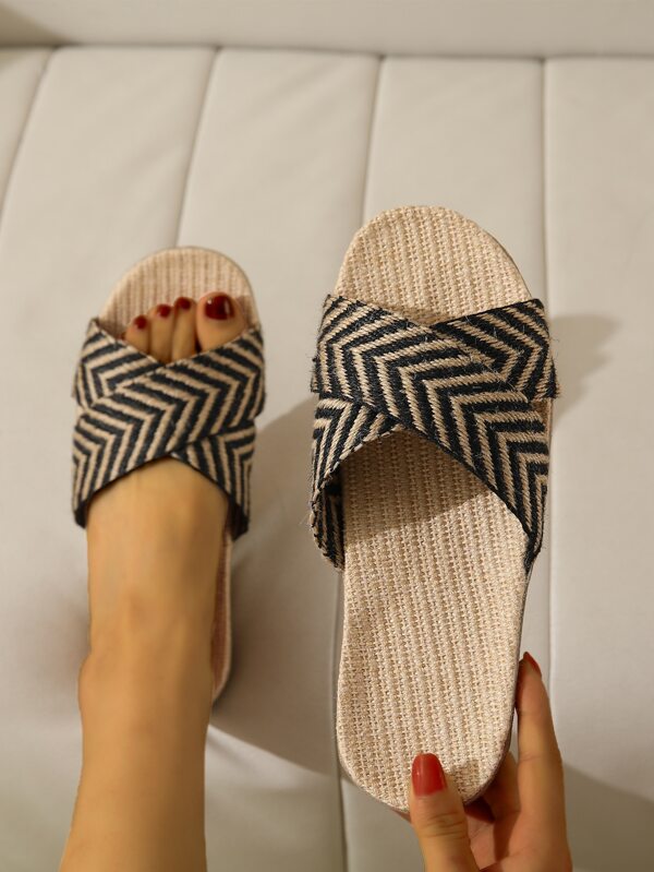Women Chevron Pattern Cross Strap Home Slippers, Vacation Linen Bedroom Slippers