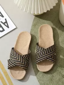 女士鋸齒圖案交叉帶家庭度假亞麻臥室拖鞋