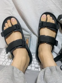 男士魔術貼雙帶黑色織物拖鞋 - 黑色 - 查看 2