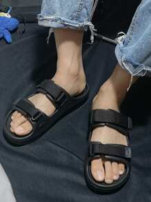 男士魔術貼雙帶黑色織物拖鞋 - 黑色 - 查看 3