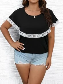 SHEIN LUNE Camiseta con encaje en contraste - Blanco y Negro - Ver 3