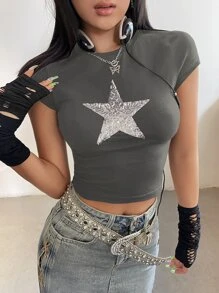 SHEIN ICON Star Sequin Detail Crop Tee - Grey - View 5