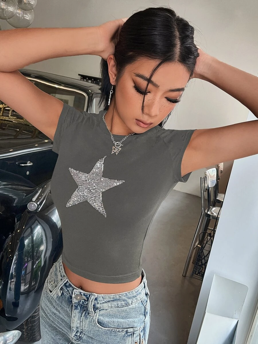 SHEIN ICON Star Sequin Detail Crop Tee - Grey - View 1