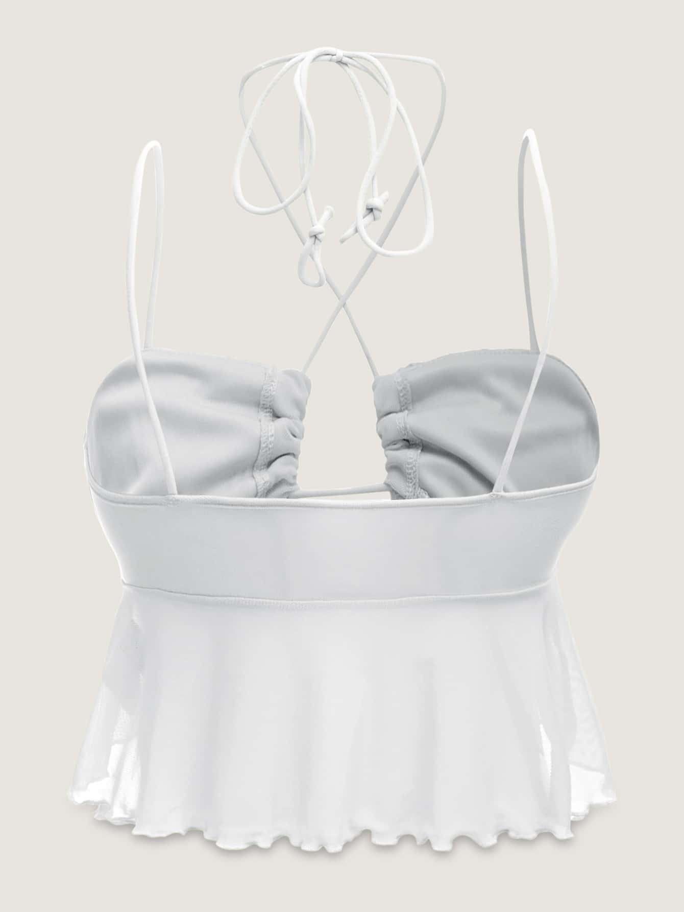 SHEIN ICON Ruched Bust Tie Backless Lettuce Trim Mesh Cami Top - White - View 2