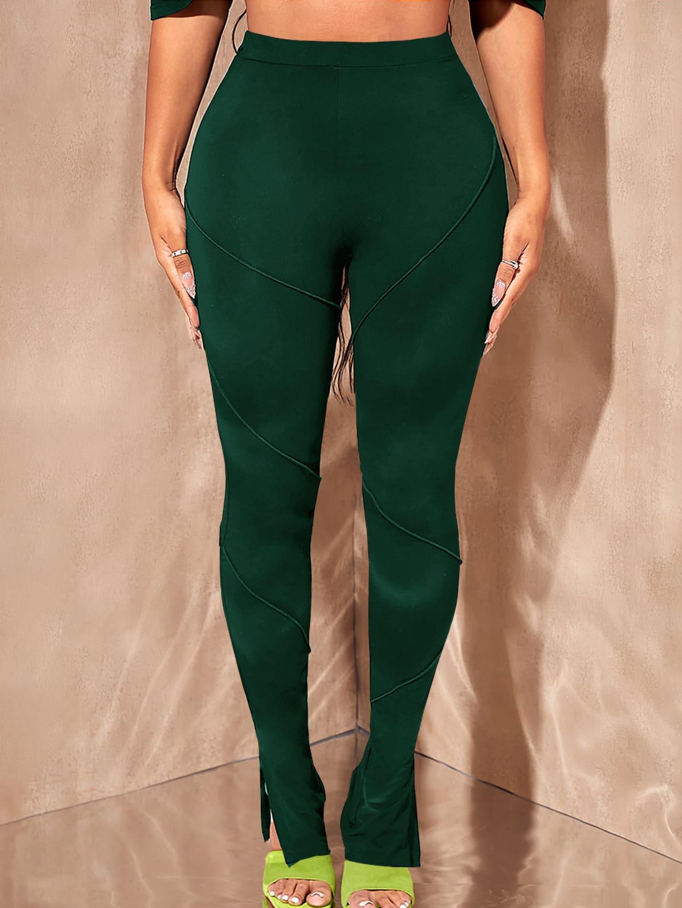 SHEIN SXY Solid Split Hem Solid Trousers - Dark Green - View 1