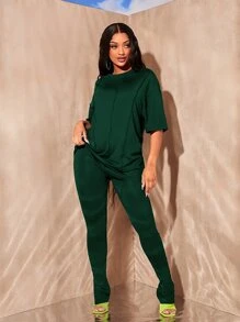 SHEIN SXY Solid Split Hem Solid Trousers - Dark Green - View 4
