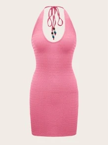SHEIN ICON Đầm Lộ Lưng Buộc lại màu trơn Gợi cảm - Hồng - Xem 1
