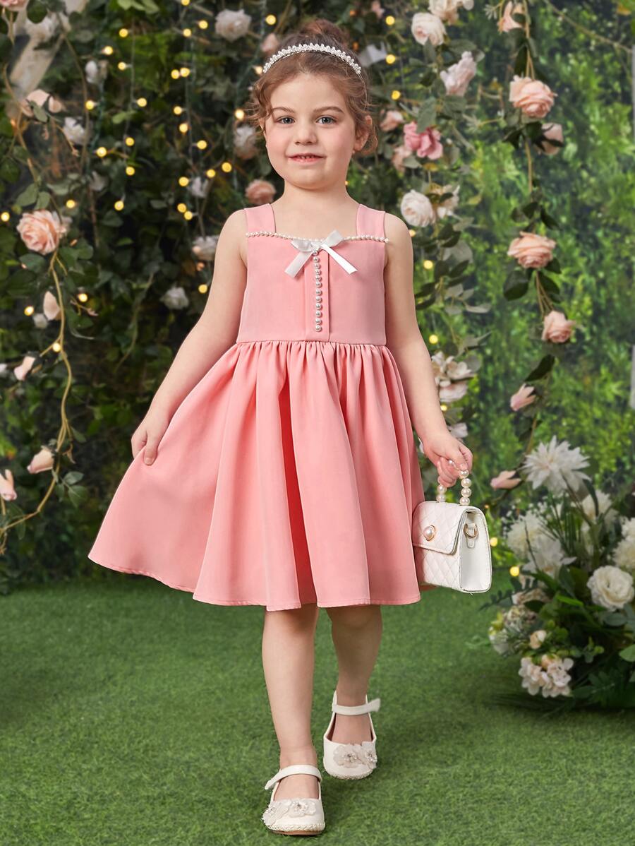 SHEIN Đầm bé gái Ngọc trai Dây kéo Nơ bướm lớn Nơ sau màu trơn Giải trí - Màu Hồng  San hô - Xem 1