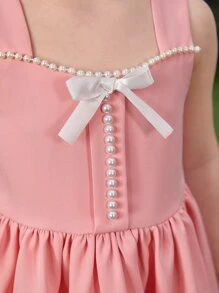 SHEIN Đầm bé gái Ngọc trai Dây kéo Nơ bướm lớn Nơ sau màu trơn Giải trí - Màu Hồng  San hô - Xem 4