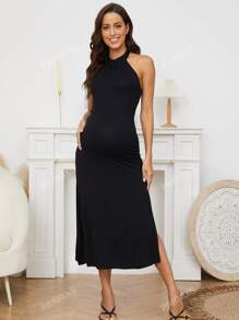 Maternity Solid Halter Neck Backless Dress