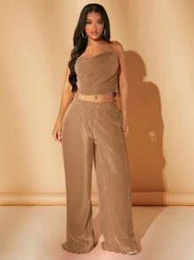 SHEIN SXY 素色露背繞頸短上衣和闊腿超長長褲 - 摩卡棕 - 查看 4