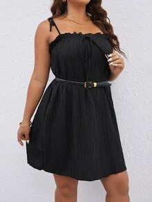 SHEIN LUNE Plus Tie Shoulder Frill Trim Cami Dress - Black - View 3