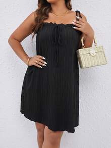 SHEIN LUNE Plus Tie Shoulder Frill Trim Cami Dress - Black - View 4