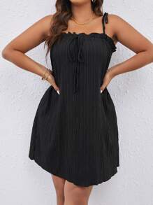 SHEIN LUNE Plus Tie Shoulder Frill Trim Cami Dress - Black - View 1
