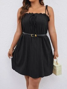 SHEIN LUNE Plus Tie Shoulder Frill Trim Cami Dress - Black - View 6