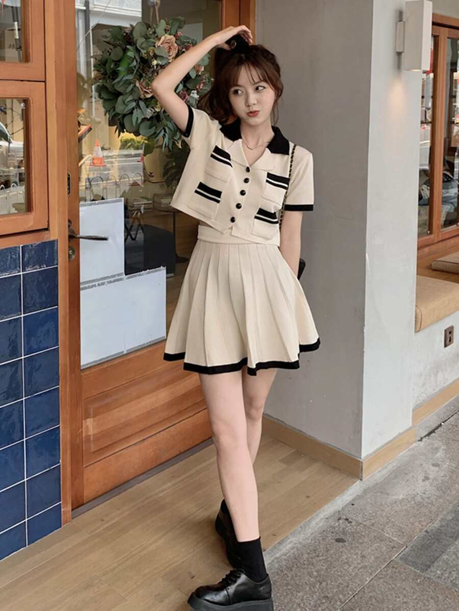 拼接邊前紐扣短款上衣和百褶半身裙 - 杏色 - 查看 1