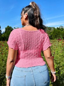 SHEIN ICON Plus Lettuce Trim Split Hem Mesh Top - Pink - View 2