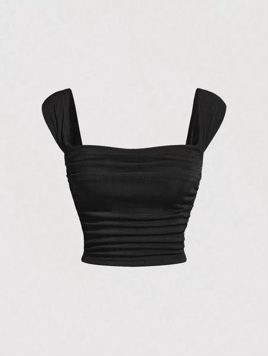 SHEIN MOD 素色褶邊短款背心 - 黑色 - 查看 1