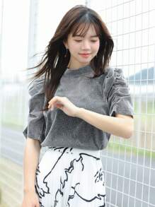DAZY Áo thun nữ Nút Xù cắt màu trơn Giải trí - Xám - Xem 6