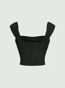 SHEIN MOD 素色褶邊短款背心 - 黑色 - 查看 2